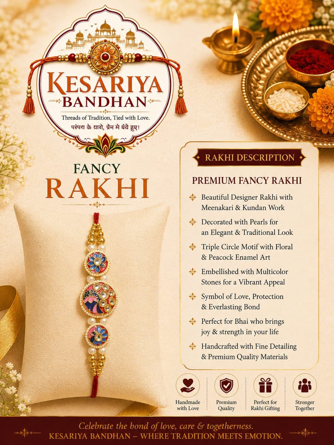Kesariya Bandhan Premium Fancy Peacock Rakhi | Meenakari, Kundan & Pearl Designer Rakhi | Handcrafted Raksha Bandhan Rakhi for Brother — view 1