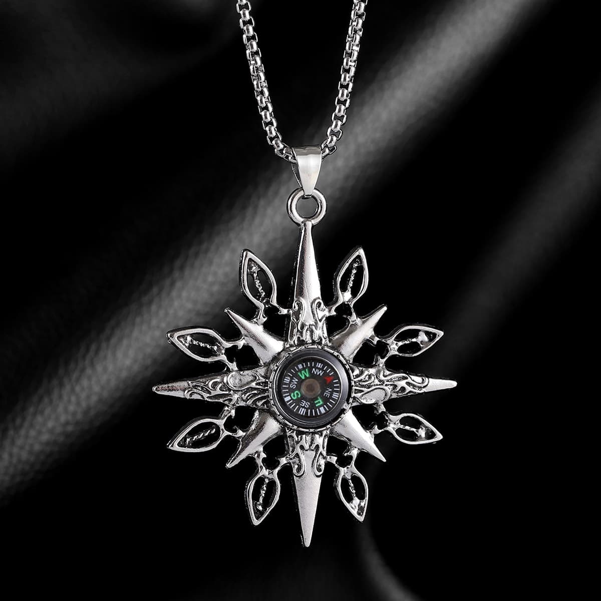 Vintage Compass Star Pendant Necklace for Women & Men | Silver-Tone Statement Chain Necklace — thumbnail 2