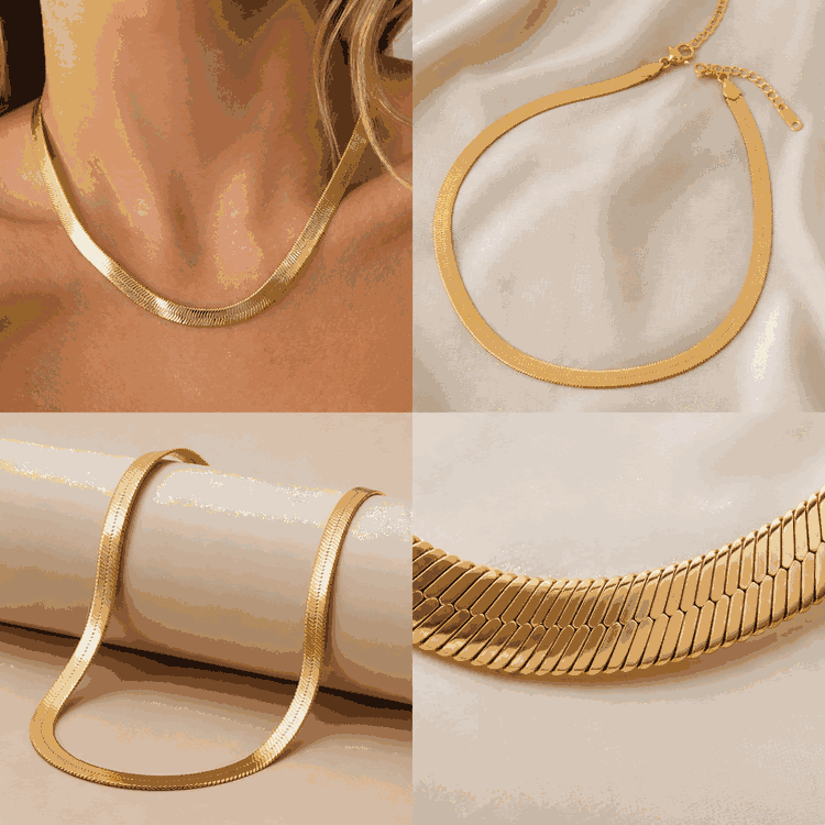 Gold-Tone Herringbone Snake Chain Necklace for Women & Girls | Flat Link Minimalist Fashion Necklace — view 1
