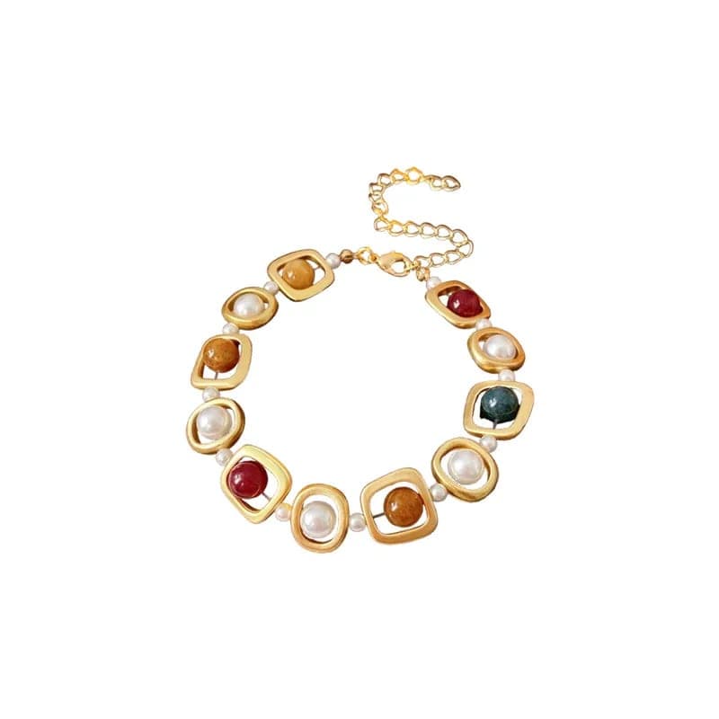 Vintage Pearl & Multicolor Stone Necklace Bracelet Set for Women & Girls | Gold Plated Jewelry Set — thumbnail 4