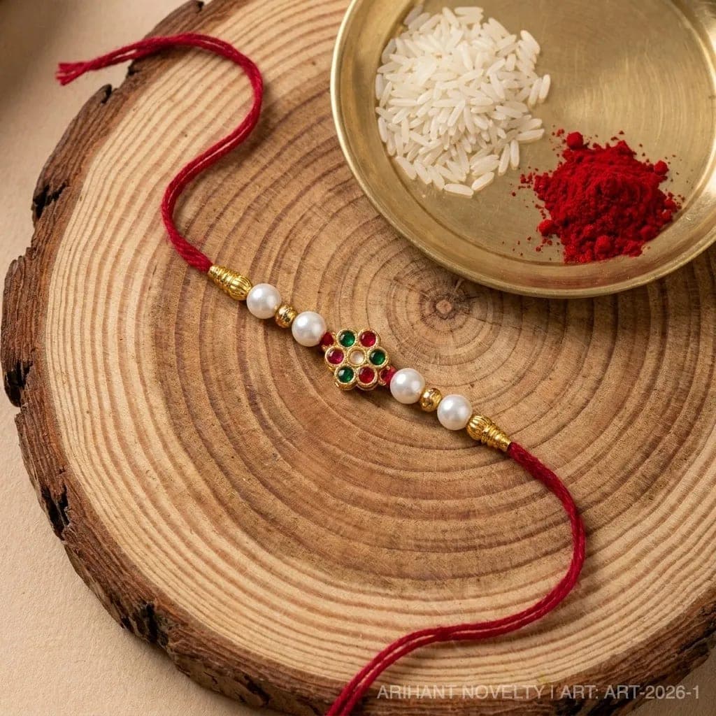 Kesariya Bandhan Premium Pearl Designer Rakhi for Brother | Traditional Floral Stone Rakhi | Handmade Raksha Bandhan Rakhi — view 1