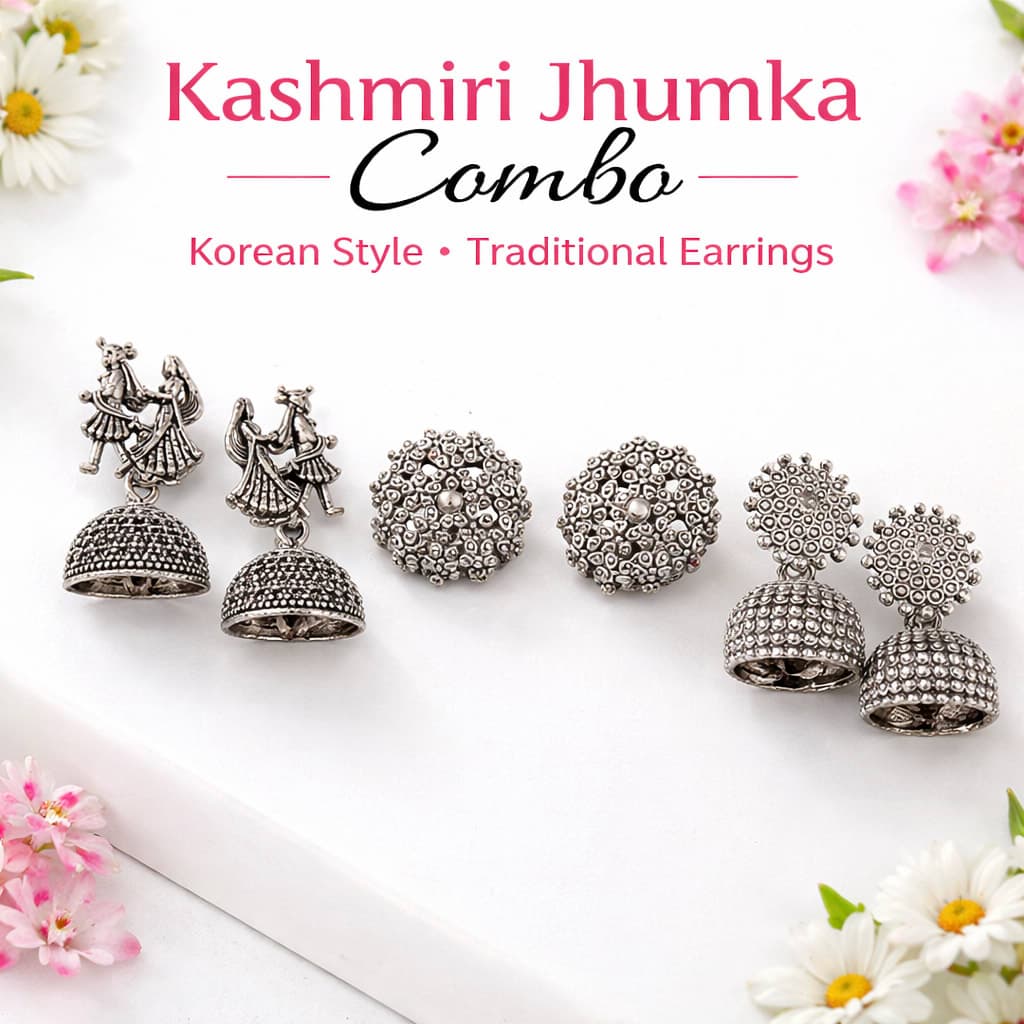 Kashmiri Jhumka Combo Pack of 3 for Women & Girls | Oxidised Silver Traditional Earrings Set | Korean Style Stud & Jhumka Earrings | Lightweight Ethnic Party Wear Jewellery Combo | Daily Wear, Festive & Gift Collection — wholesale price India