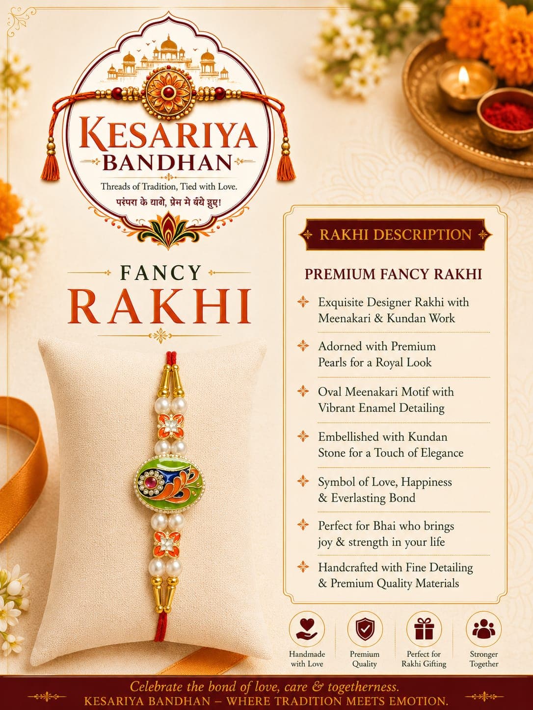 Kesariya Bandhan Premium Oval Meenakari Rakhi | Kundan & Pearl Designer Rakhi | Handcrafted Raksha Bandhan Rakhi for Brother — view 1