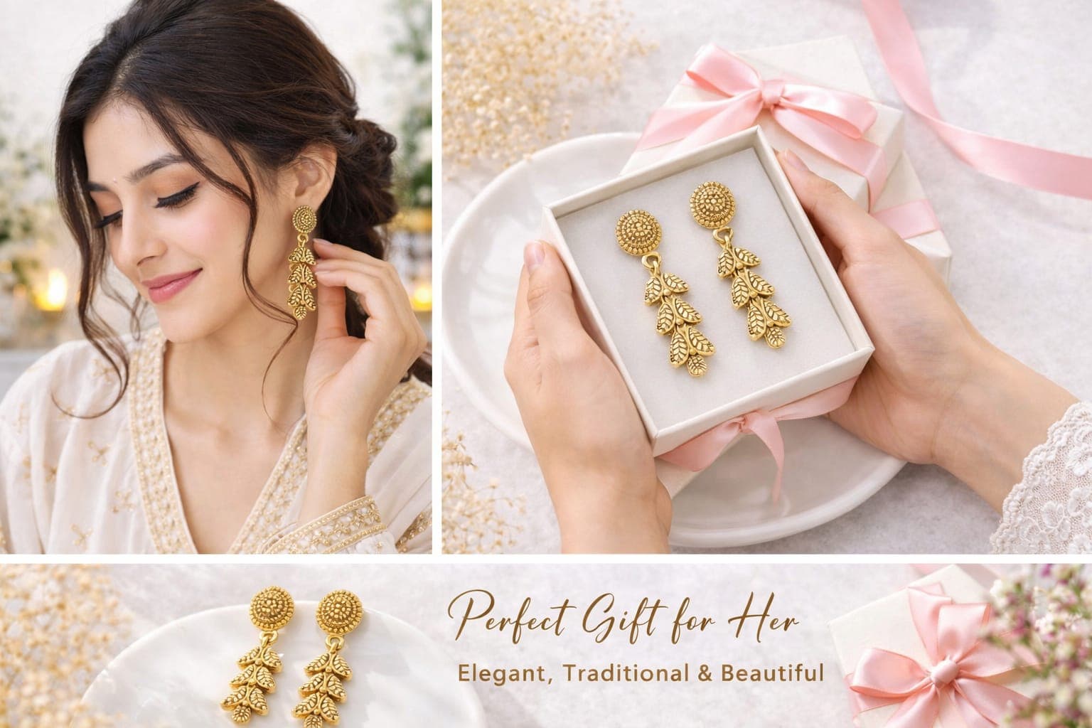 Antique Gold Plated Leaf Drop Earrings for Women | Traditional Ethnic Dangler Earrings | Lightweight Fashion Jewellery — thumbnail 3