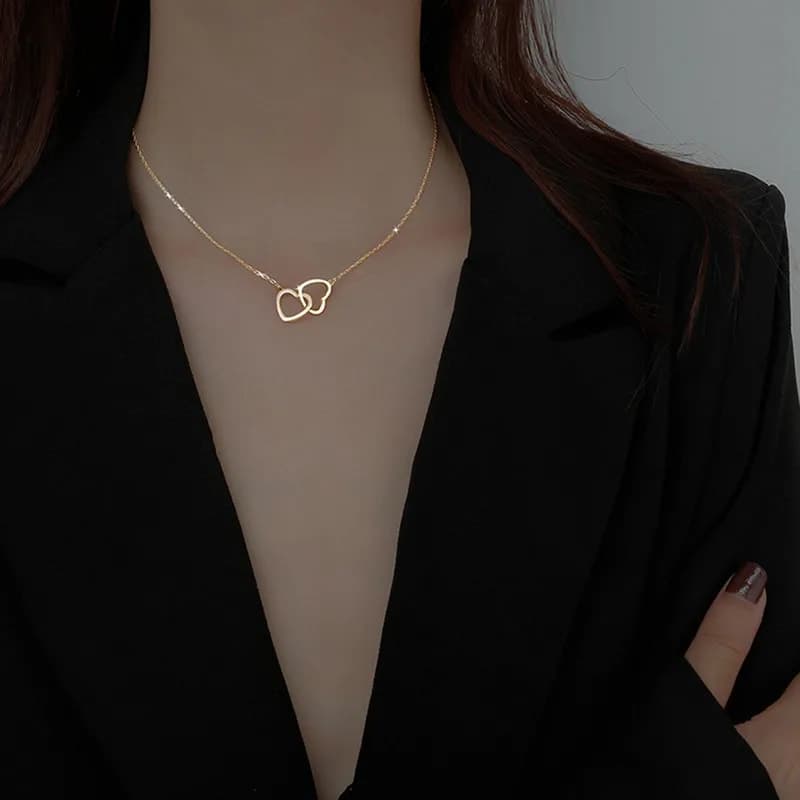 Gold Plated Double Heart Pendant Necklace for Women & Girls | Minimalist Heart Chain Necklace — thumbnail 2