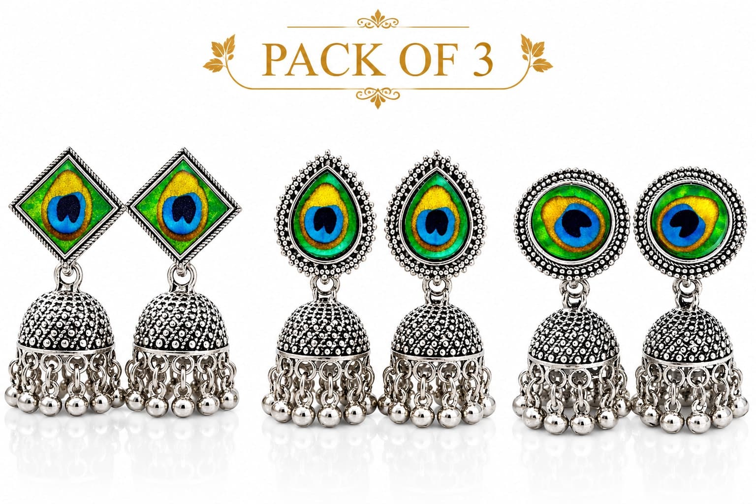 Pack of 3 Oxidised Peacock Jhumka Earrings Combo for Women & Girls | Multicolor Ethnic Traditional Drop Earrings Set | Lightweight Fashion Jewellery — thumbnail 2