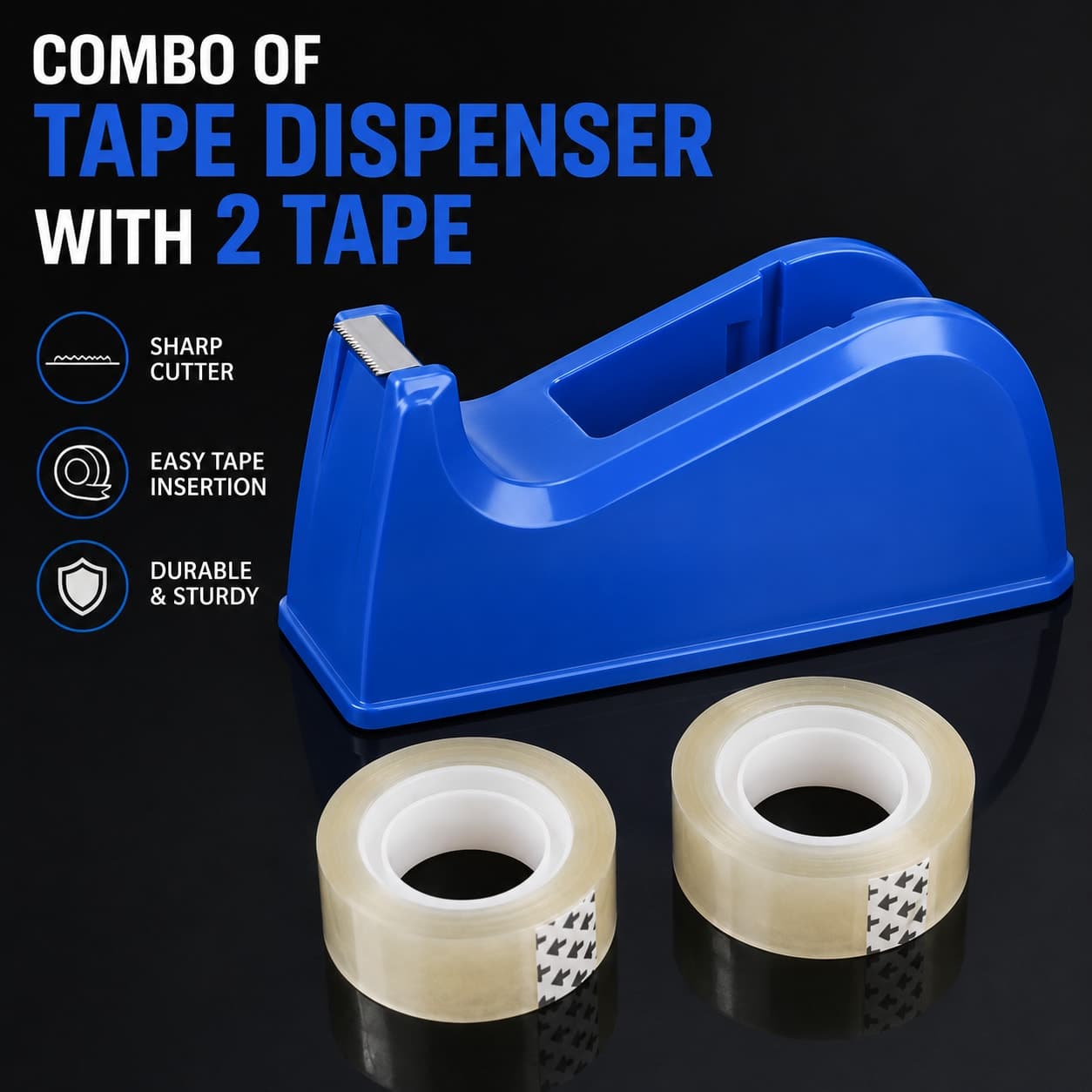 Tape Dispenser with 2 Clear Cello Tape Rolls Combo | Desktop Tape Cutter | Heavy Duty Plastic Tape Holder for Office, School & Home — thumbnail 3