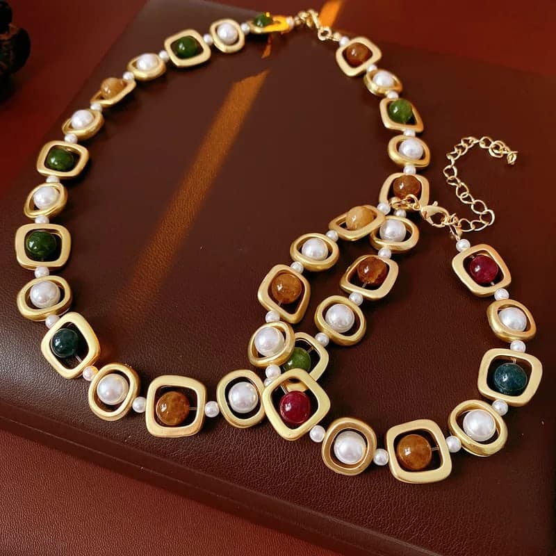 Vintage Pearl & Multicolor Stone Necklace Bracelet Set for Women & Girls | Gold Plated Jewelry Set — thumbnail 2