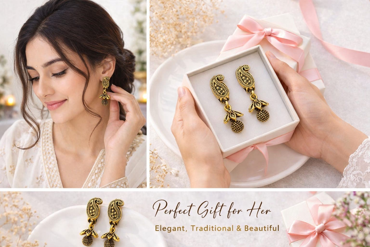 Antique Gold Plated Paisley Drop Earrings for Women | Traditional Ethnic Dangler Earrings | Lightweight Party & Festive Wear — thumbnail 3