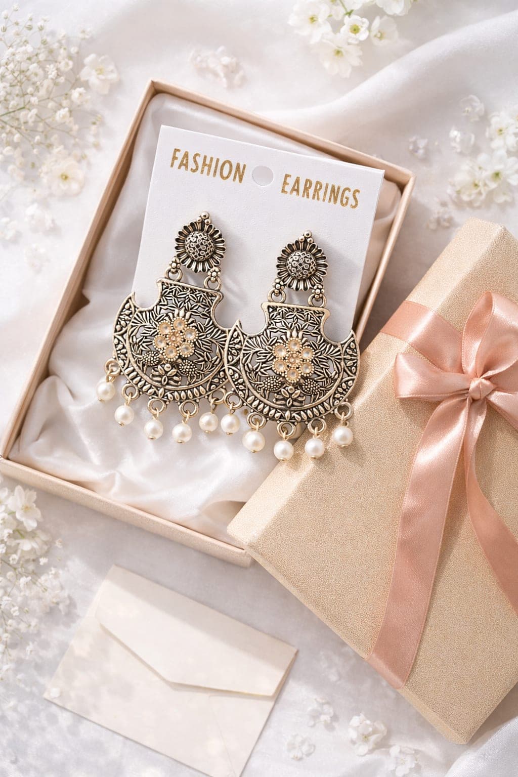 Oxidised Silver Pearl Chandbali Earrings for Women | Floral Statement Ethnic Drop Earrings — thumbnail 2