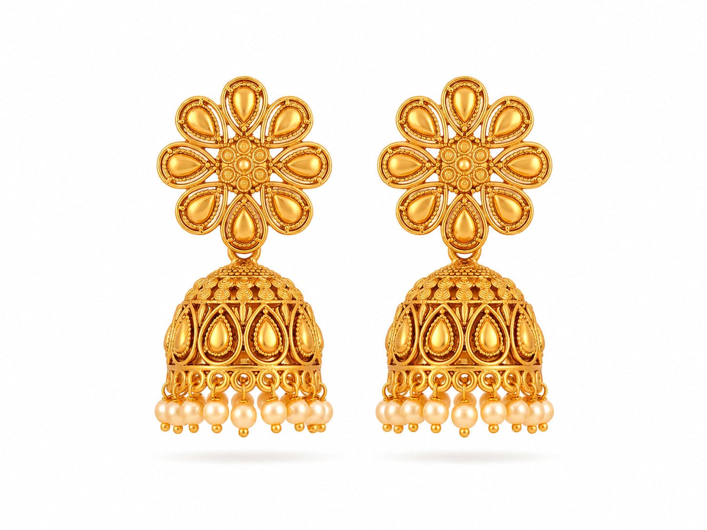 Gold Plated Floral Jhumka Earrings for Women & Girls | Traditional Ethnic Pearl Drop Earrings | 1 Pair — thumbnail 4