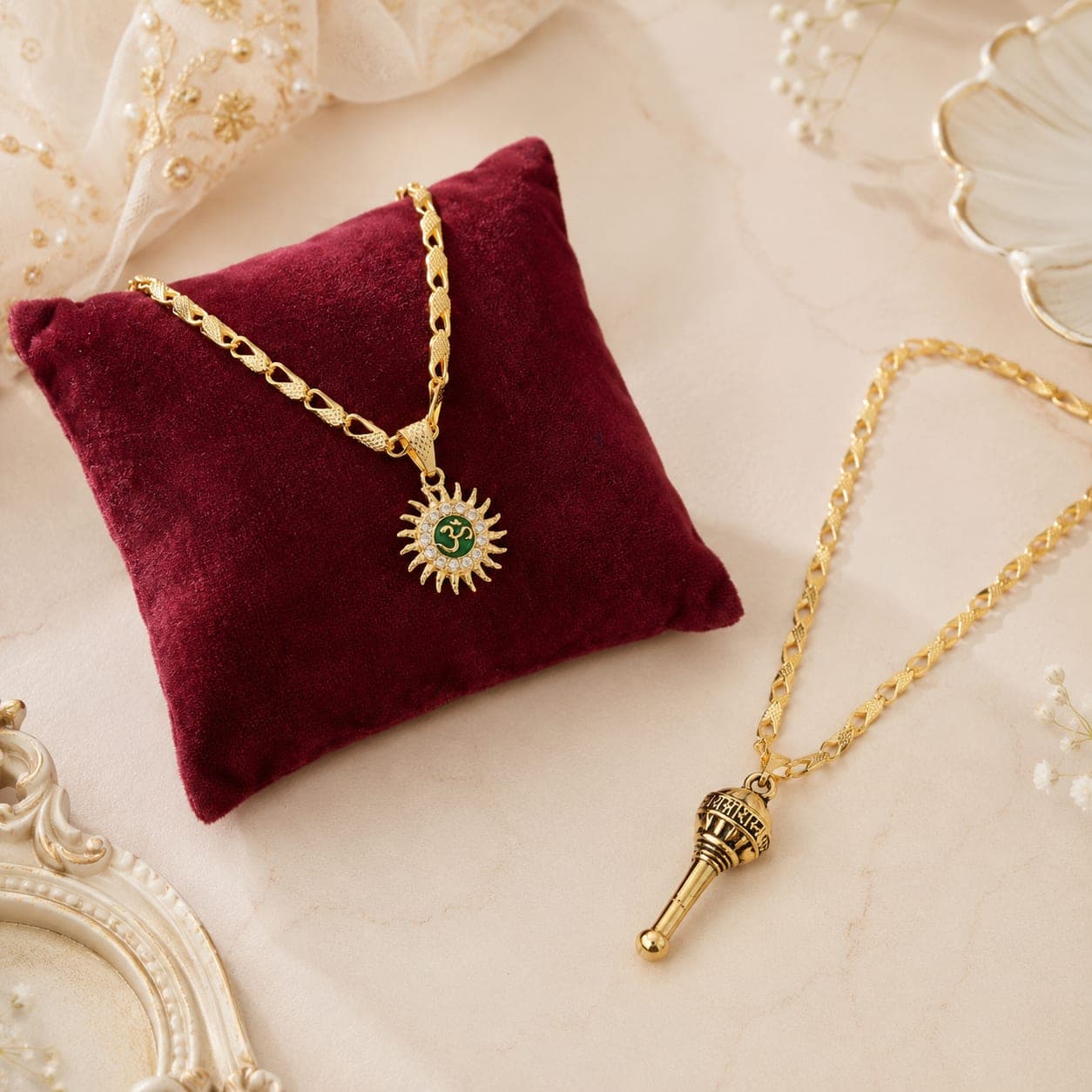 Gold Plated Om & Mahadev Damru Pendant Combo Necklace for Men & Boys | Religious Hindu Chain Set | Pack of 2 — thumbnail 2