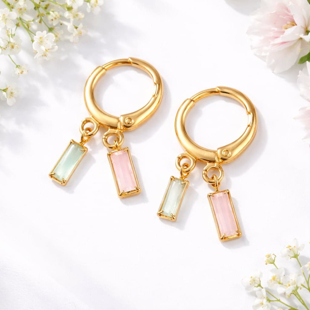Gold Plated Pastel Crystal Drop Earrings for Women | Elegant Dual Stone Dangle Earrings | Minimalist Party Wear Jewellery — view 1