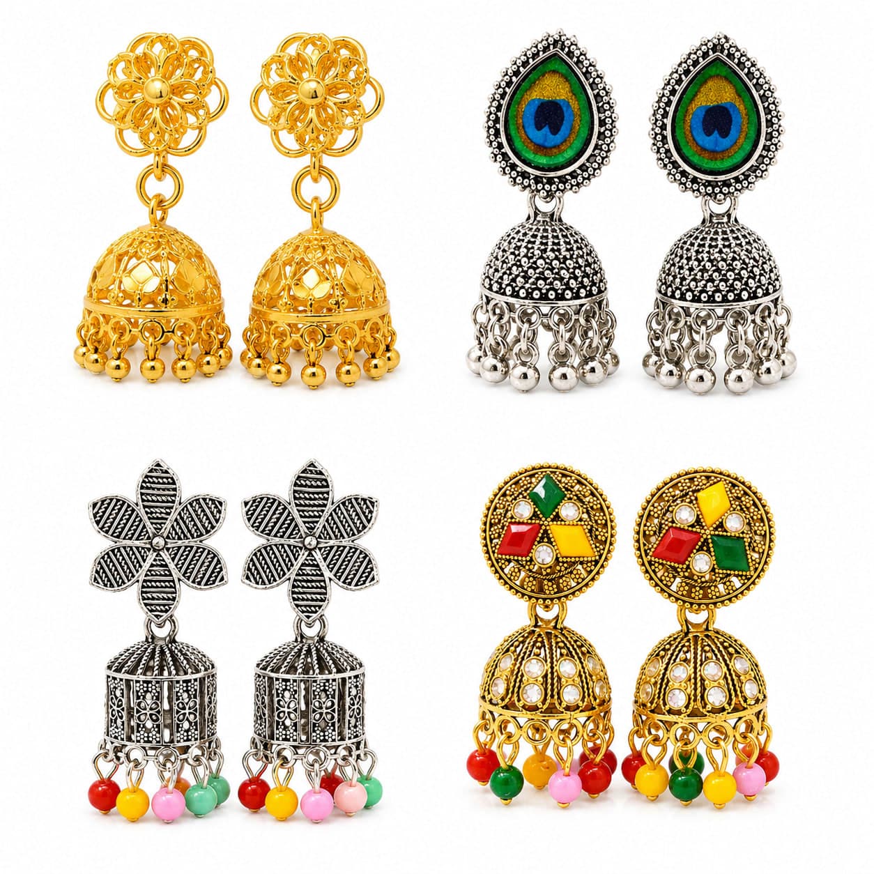 Ethnic Jhumka Earrings Combo Pack of 4 for Women | Antique Gold & Oxidised Silver Traditional Dangler Earrings — view 1