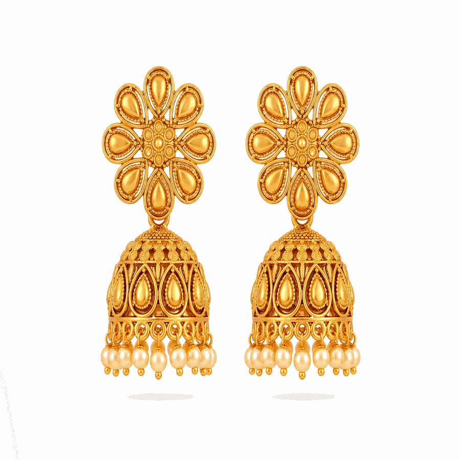 Gold Plated Floral Jhumka Earrings for Women & Girls | Traditional Ethnic Pearl Drop Earrings | 1 Pair — view 1