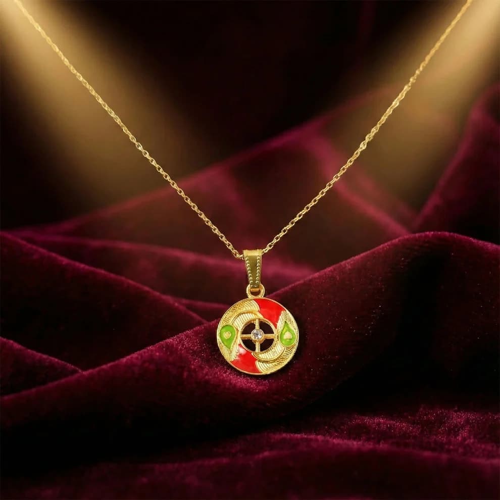 Gold Plated Round Enamel Pendant Necklace for Women & Girls | Designer Circular Charm Chain | Lightweight Daily Wear Fashion Jewelry — thumbnail 3