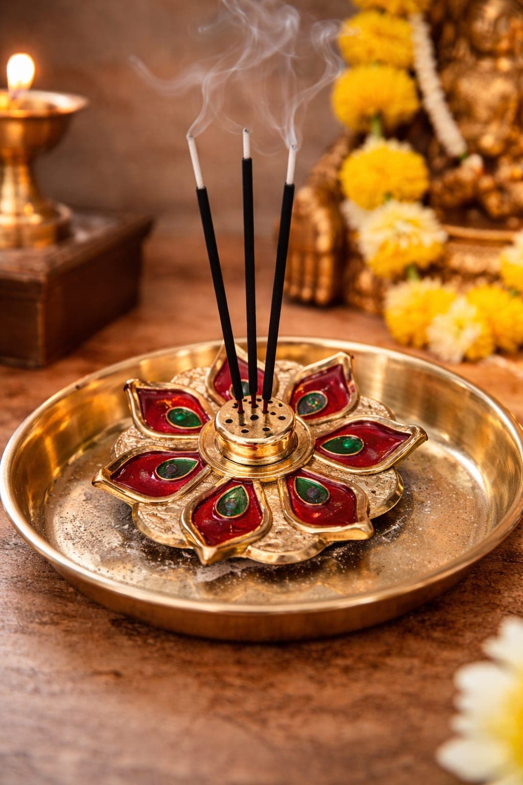 Decorative Agarbatti Stand Holder for Pooja | Floral Incense Stick Burner | Metal Finish Ash Catcher | Home Temple Accessory | Pack of 2 — thumbnail 3