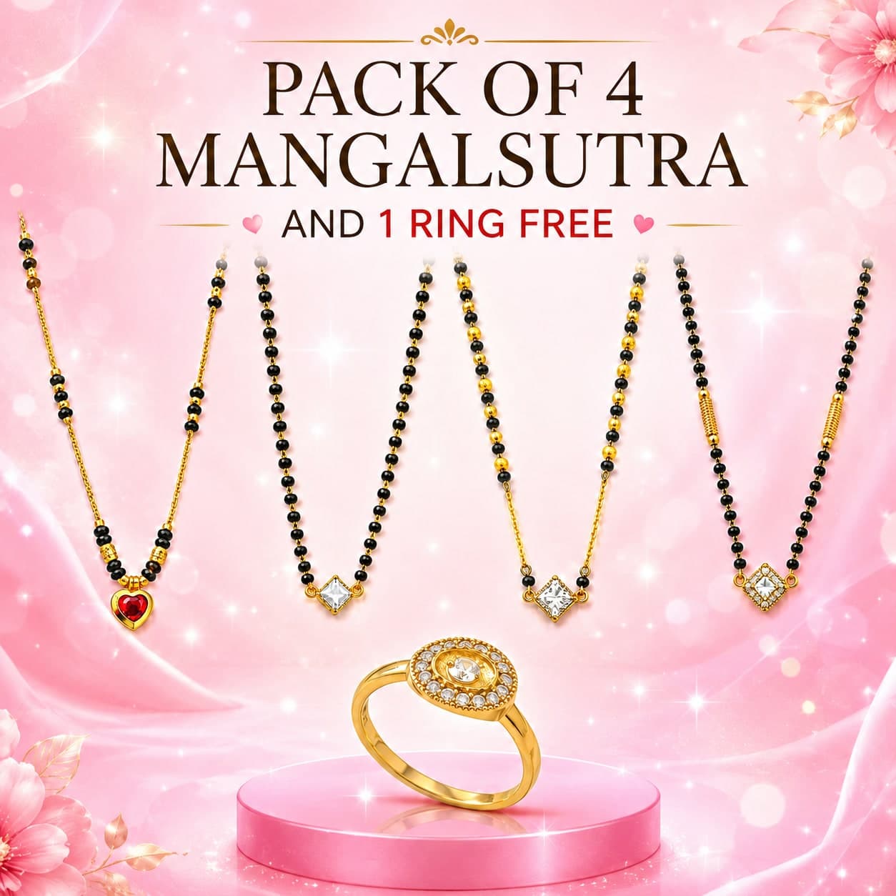Pack of 4 Traditional Mangalsutra Combo with 1 Free Ring for Women | Black Bead Gold Plated Mangalsutra Necklace Set | Daily Wear & Festive Jewellery — thumbnail 2