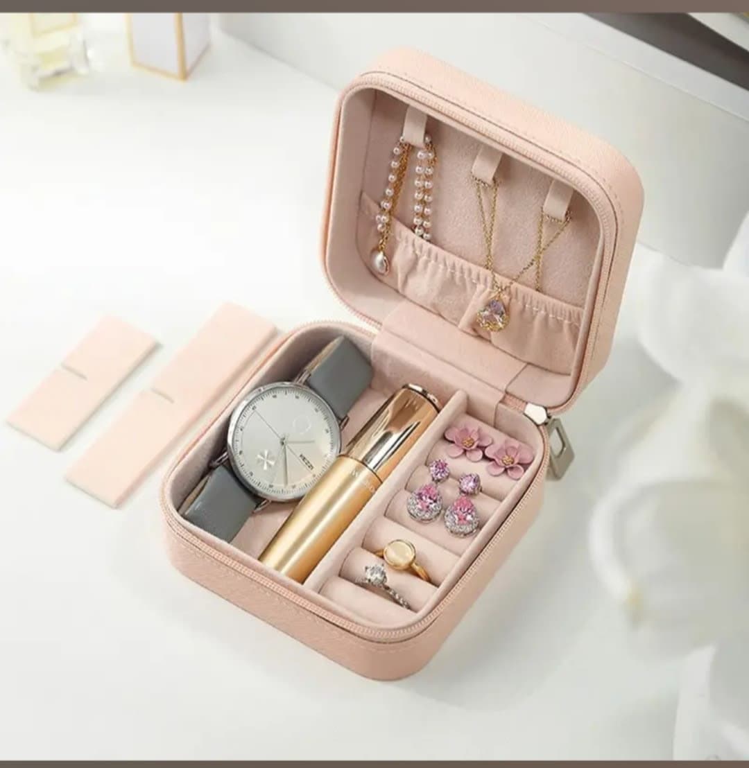Pack of 2 Portable PU Leather Travel Jewelry Organizer Boxes | Ring, Earring & Necklace Storage Case | Pink & Beige — thumbnail 3