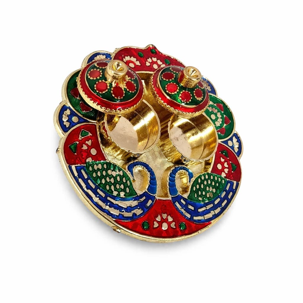 Decorative Kumkum Roli Chawal Plate Set for Pooja | Traditional Haldi Kumkum Holder | Festival Return Gift | Random Design | Pack of 2 — thumbnail 4