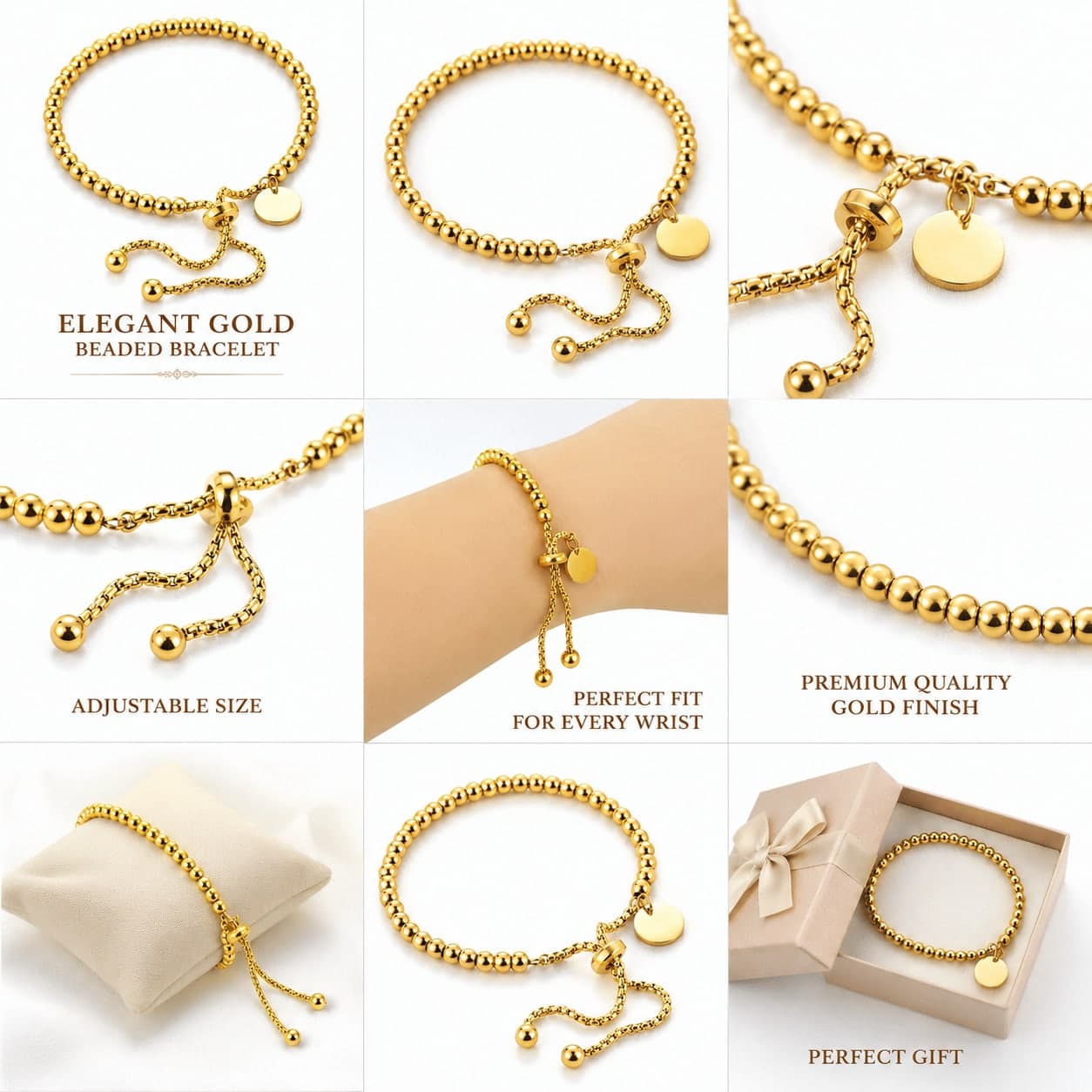 Gold Plated Adjustable Beaded Bracelet for Women & Girls | Stainless Steel Charm Bracelet | Pack of 1 — thumbnail 2
