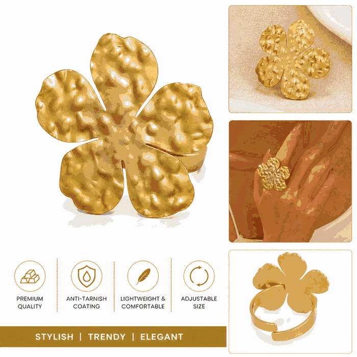 Elegant Gold-Tone Floral Statement Ring for Women & Girls | Adjustable Flower Finger Ring — view 1