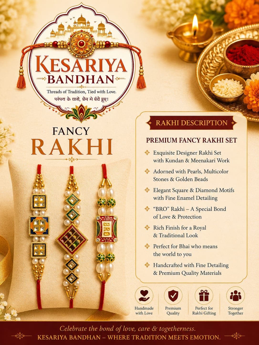 Kesariya Bandhan Premium Fancy Rakhi Set of 3 | Kundan, Meenakari & BRO Designer Rakhi Combo | Handcrafted Raksha Bandhan Rakhi for Brother — view 1