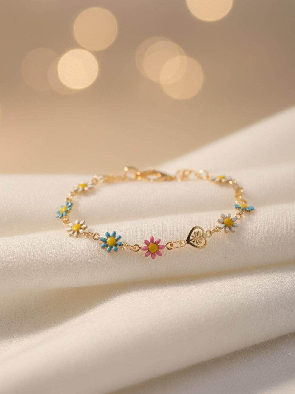 Multicolor Daisy Flower Gold Plated Adjustable Bracelet for Women | Floral Charm Bracelet — view 1