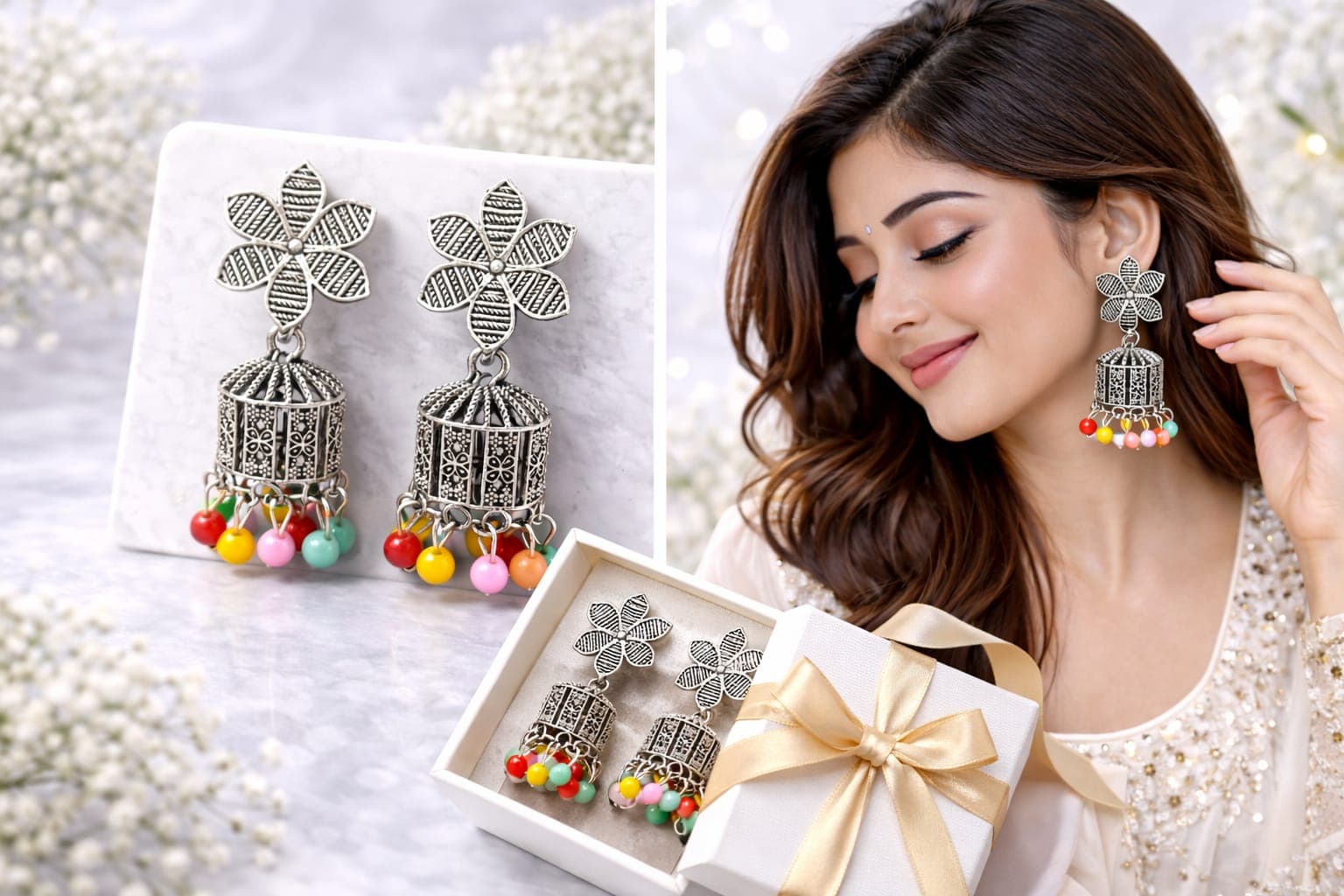 Oxidised Silver Plated Floral Jhumka Earrings for Women | Multicolor Beaded Ethnic Dangler Earrings — thumbnail 3