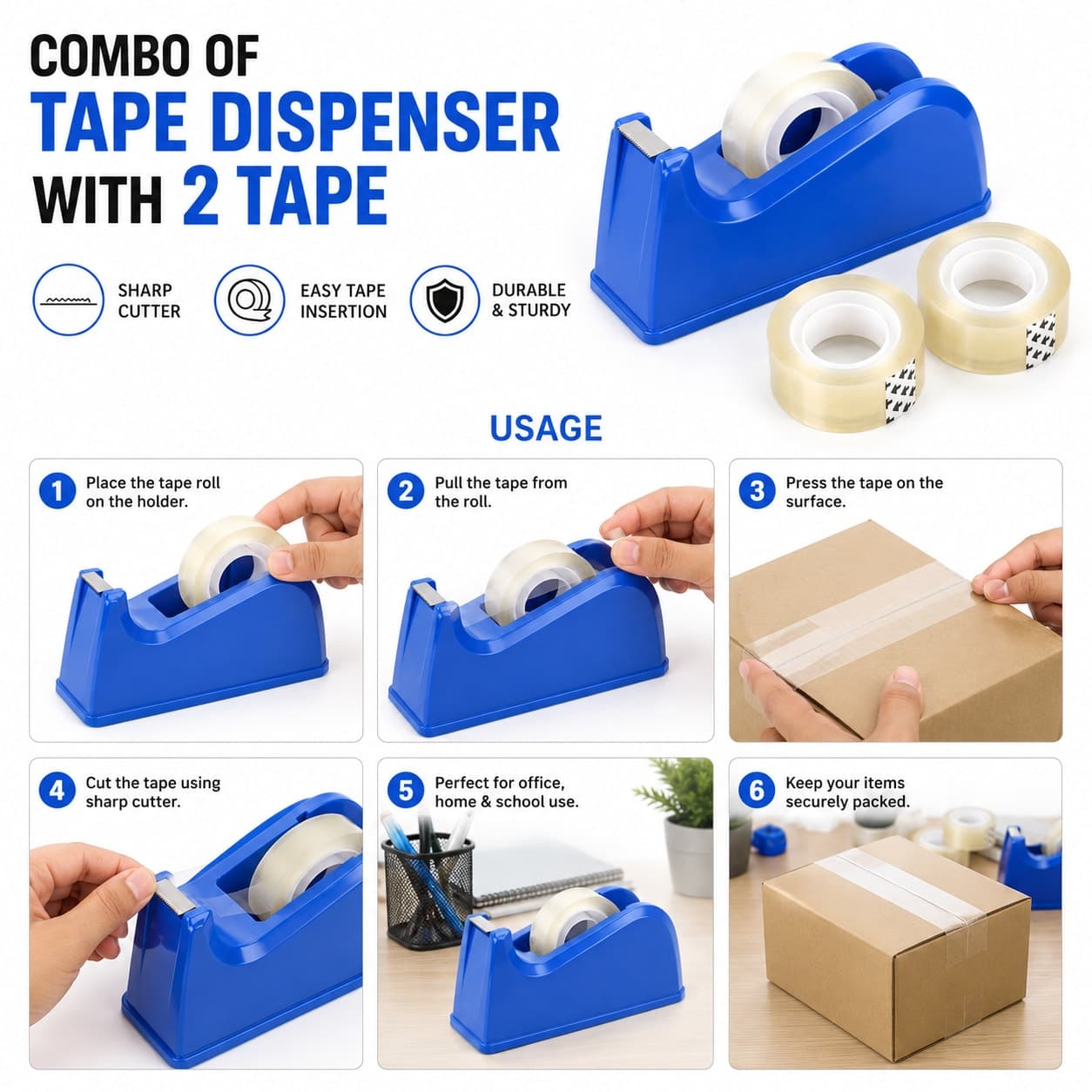 Tape Dispenser with 2 Clear Cello Tape Rolls Combo | Desktop Tape Cutter | Heavy Duty Plastic Tape Holder for Office, School & Home — thumbnail 2
