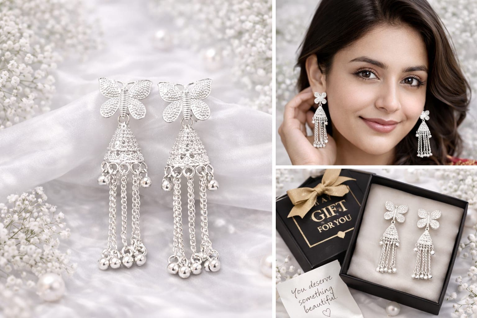 Silver Butterfly Tassel Earrings for Women | Crystal Stud Long Chain Drop Earrings | Party Wear Fashion Jewellery — thumbnail 2