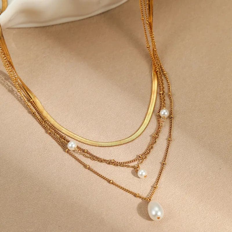 Gold Plated Multi-Layer Pearl Necklace for Women & Girls | Elegant Layered Chain Necklace with Faux Pearl Pendant — view 1
