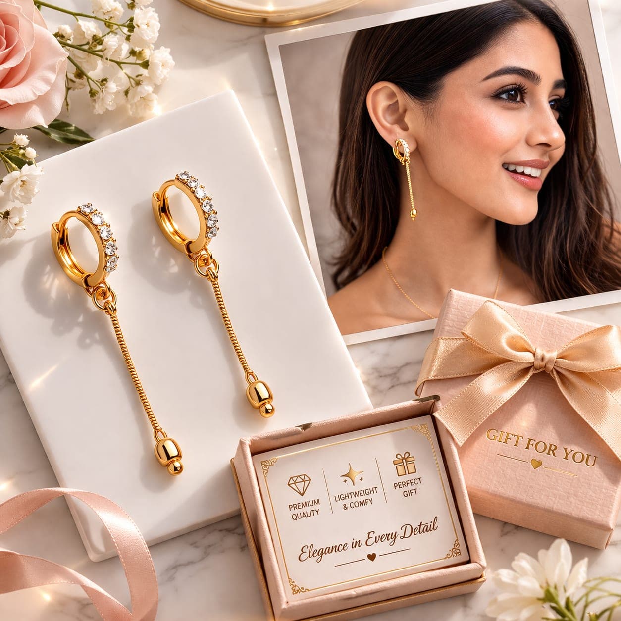 Gold Plated Crystal Tassel Hoop Earrings for Women | Elegant Long Chain Dangle Earrings — thumbnail 2