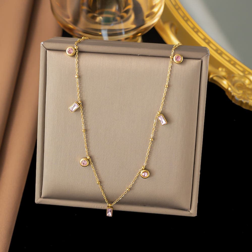 Gold Plated Pink Crystal Station Necklace for Women & Girls | Elegant Minimalist Fashion Chain | Pack of 1 — view 1