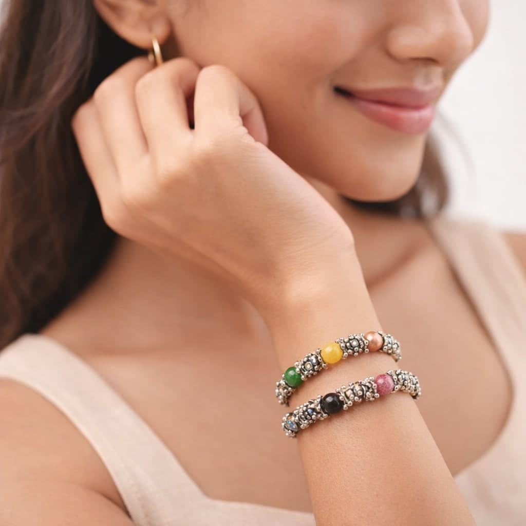 Shringarika Women's Bracelet Combo Pack of 2 | Rose Gold Crystal Bracelet & Multicolor Beaded Stretch Bracelet | Adjustable Fashion Jewellery for Women & Girls — thumbnail 2