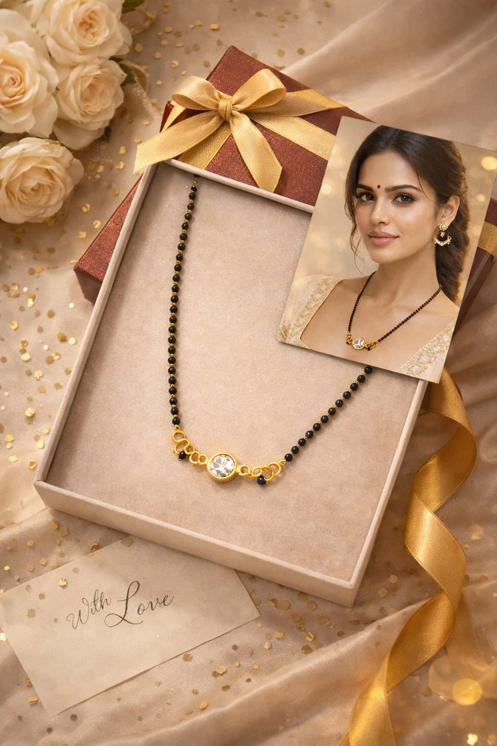Gold Plated Solitaire Crystal Mangalsutra for Women | Minimalist Black Bead Traditional Necklace — thumbnail 2