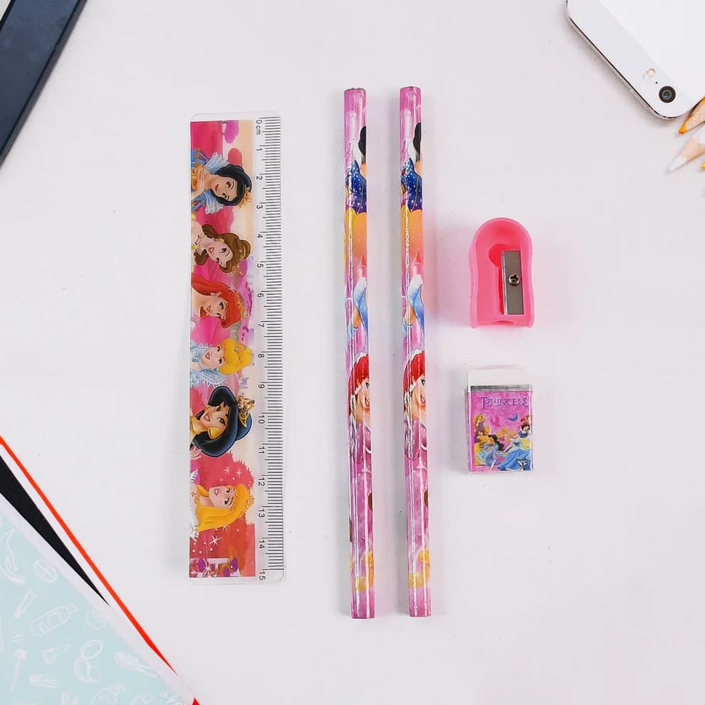 Princess Stationery Kit for Kids | 5-Piece School Stationery Set with 2 Pencils, 15 cm Scale, Eraser & Sharpener | Cartoon Study Kit — wholesale price India