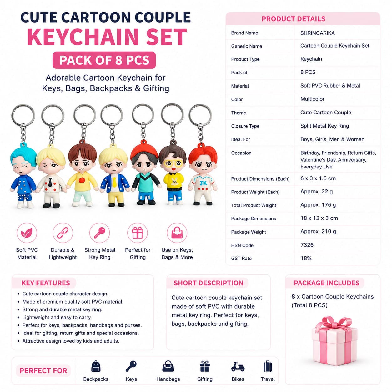 Cute Cartoon Couple Keychain Set for Boys & Girls | Soft PVC Hanging Key Ring for Keys, Bags & Backpacks | Pack of 8 Pieces — thumbnail 4