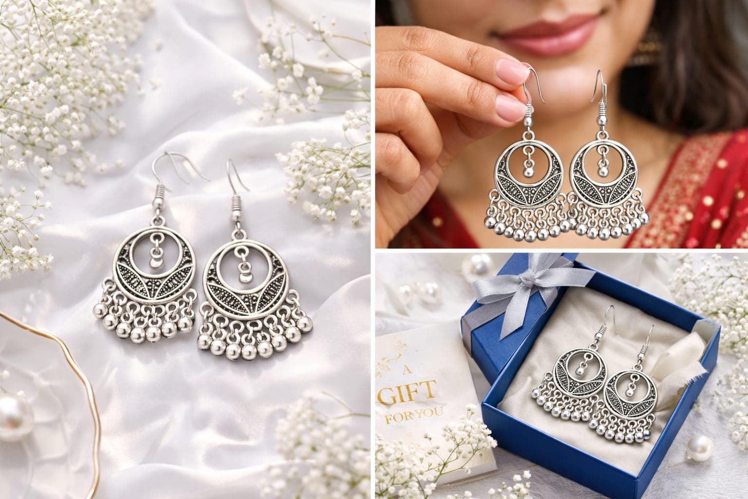 Silver Oxidised Circular Chandbali Earrings with Dangling Beads for Women & Girls — thumbnail 2