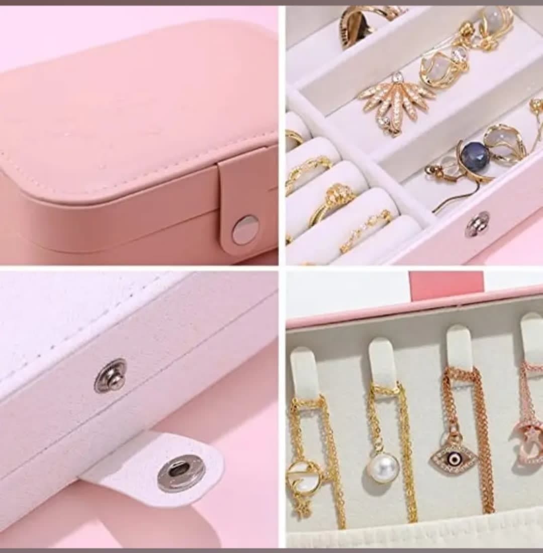 Portable PU Leather Travel Jewelry Organizer Box with Ring Holder, Earring Storage & Necklace Hooks | Pink | 1 Pc — thumbnail 4