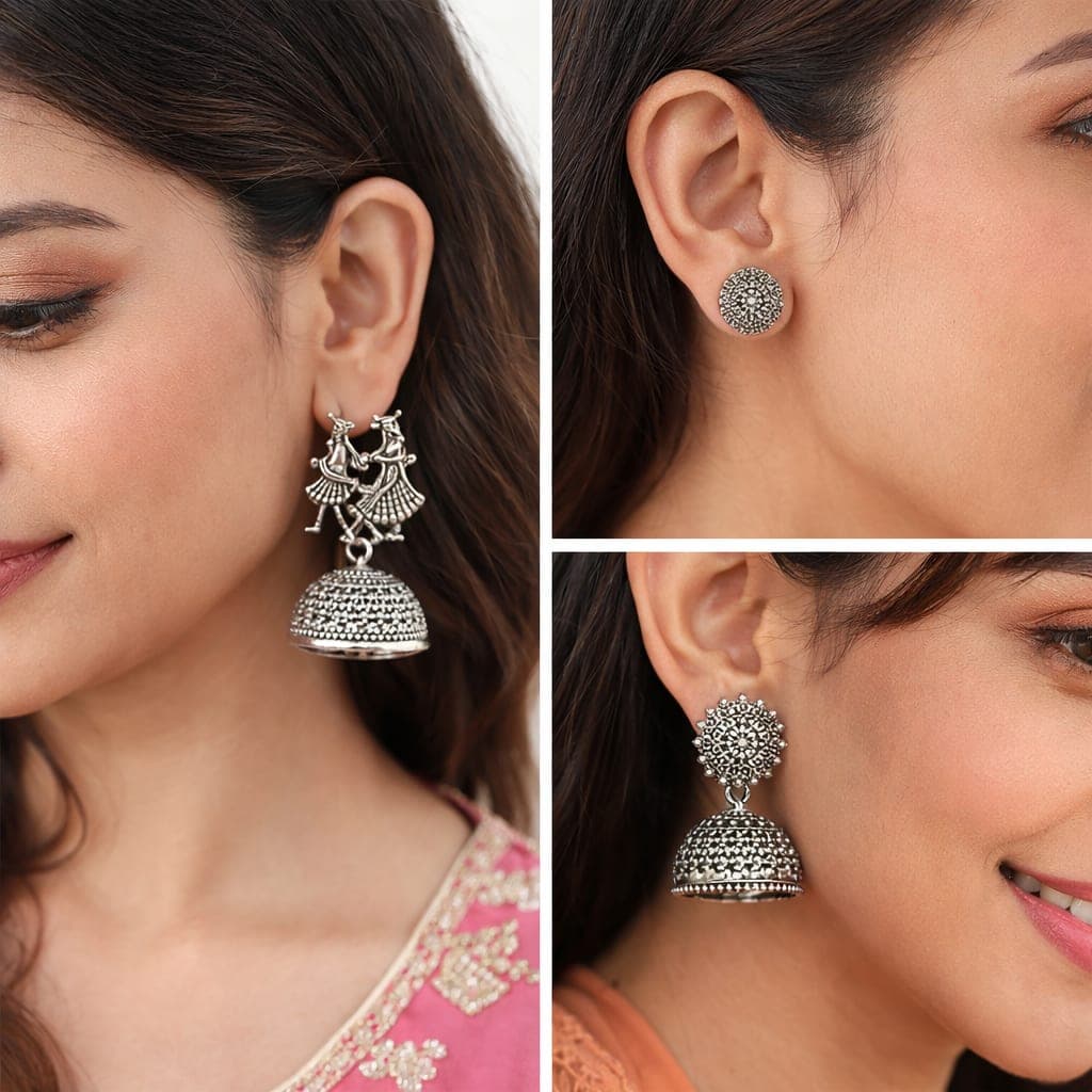 Kashmiri Jhumka Combo Pack of 3 for Women & Girls | Oxidised Silver Traditional Earrings Set | Korean Style Stud & Jhumka Earrings | Lightweight Ethnic Party Wear Jewellery Combo | Daily Wear, Festive & Gift Collection — thumbnail 4