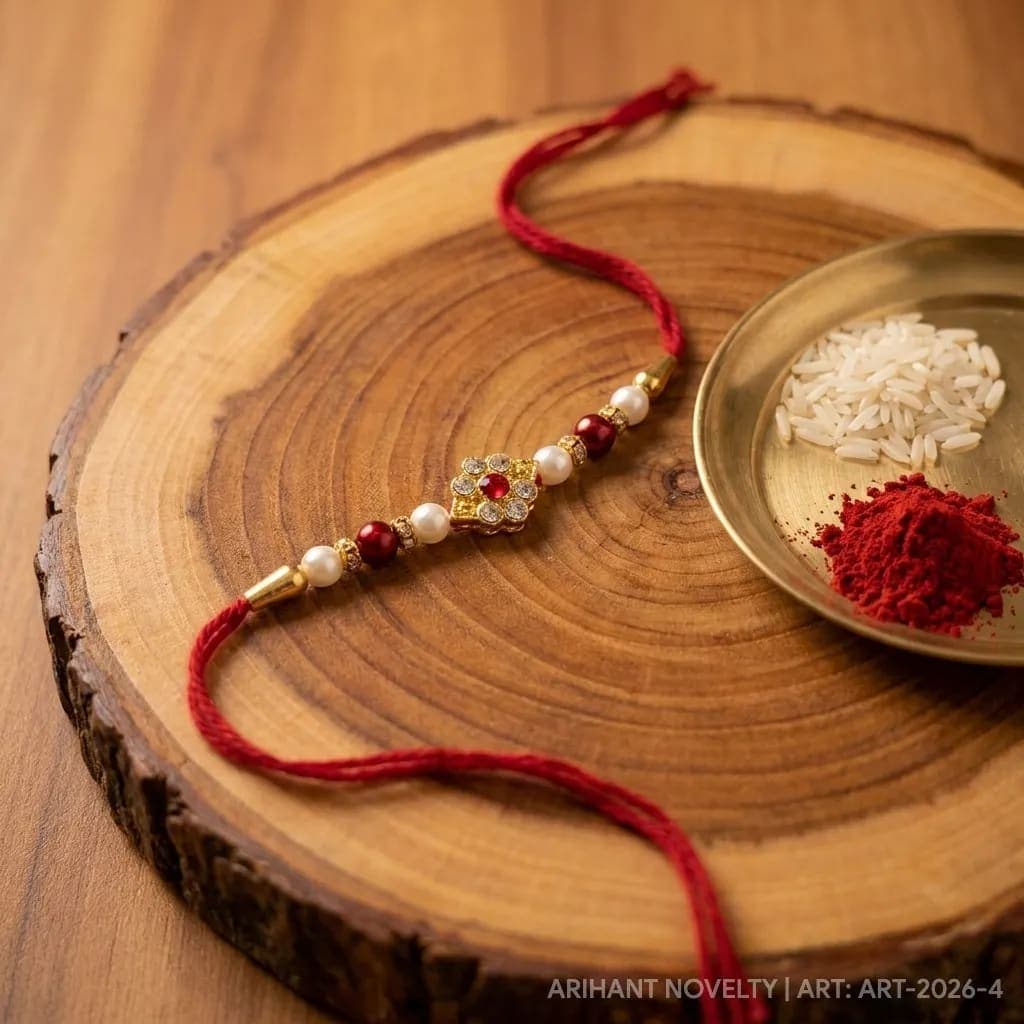 Kesariya Bandhan Premium Floral Stone Designer Rakhi for Brother | Pearl Bead Handmade Rakhi | Traditional Raksha Bandhan Rakhi — view 1