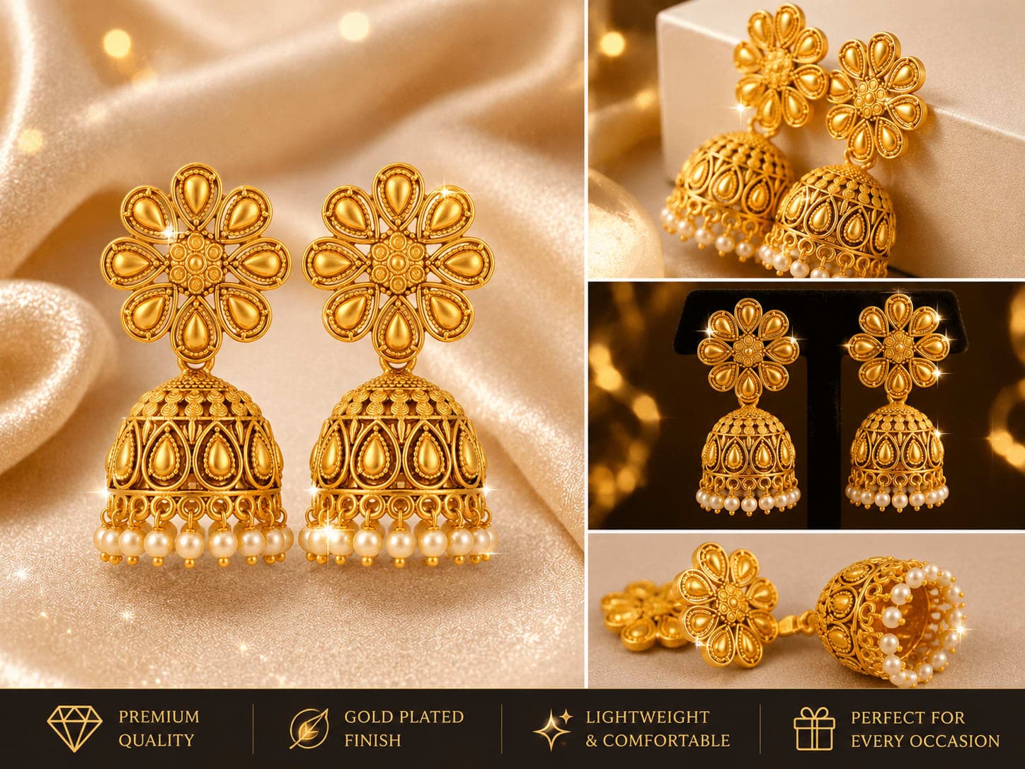 Gold Plated Floral Jhumka Earrings for Women & Girls | Traditional Ethnic Pearl Drop Earrings | 1 Pair — thumbnail 2