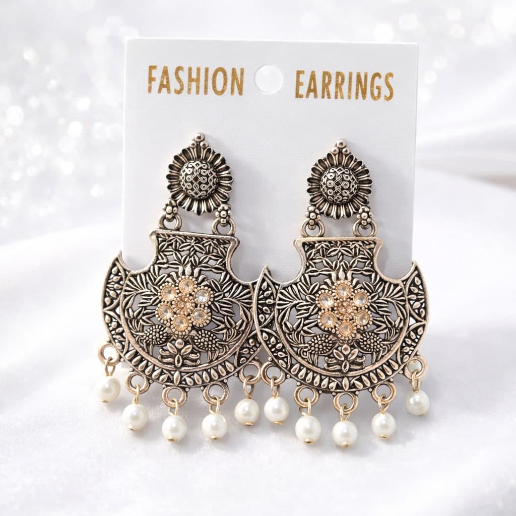 Oxidised Silver Pearl Chandbali Earrings for Women | Floral Statement Ethnic Drop Earrings — view 1