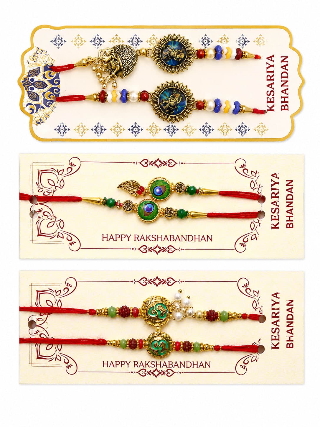 Kesariya Bandhan Premium Designer Rakhi Set of 6 | Krishna, Peacock & Om Fancy Rakhi Combo | Handcrafted Raksha Bandhan Gift for Brother — view 1