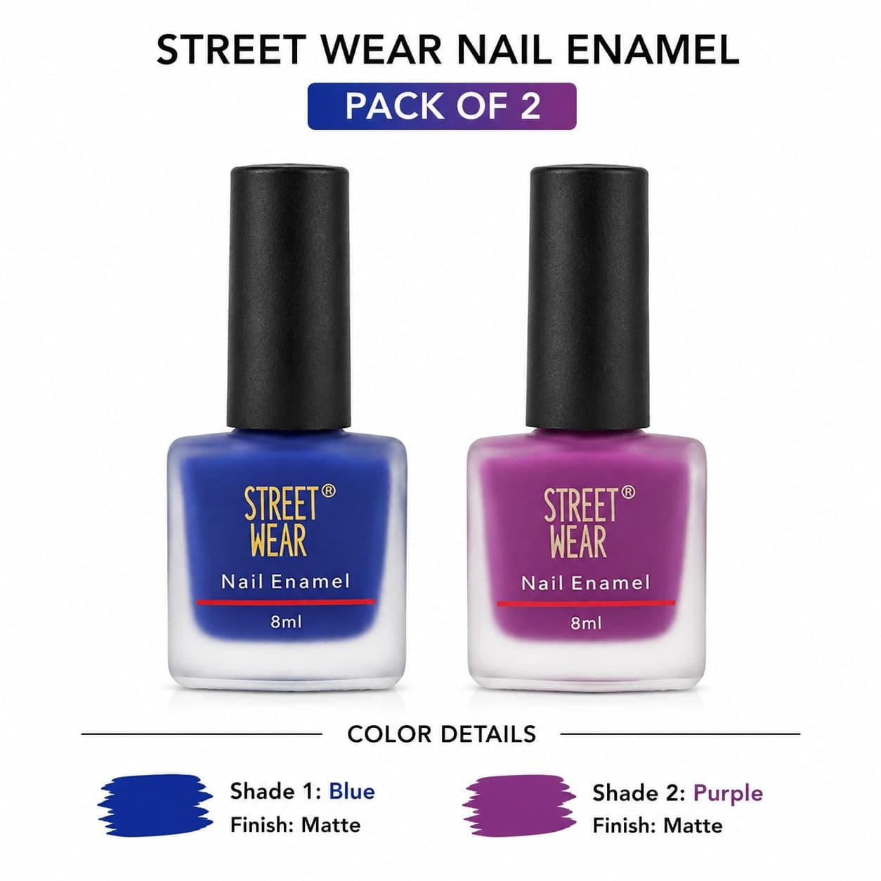 Street Wear Matte Nail Enamel Pack of 2 | Blue & Purple Shades | Long Lasting, Quick Dry Matte Finish | 8 ml Each | Nail Polish for Women — view 1