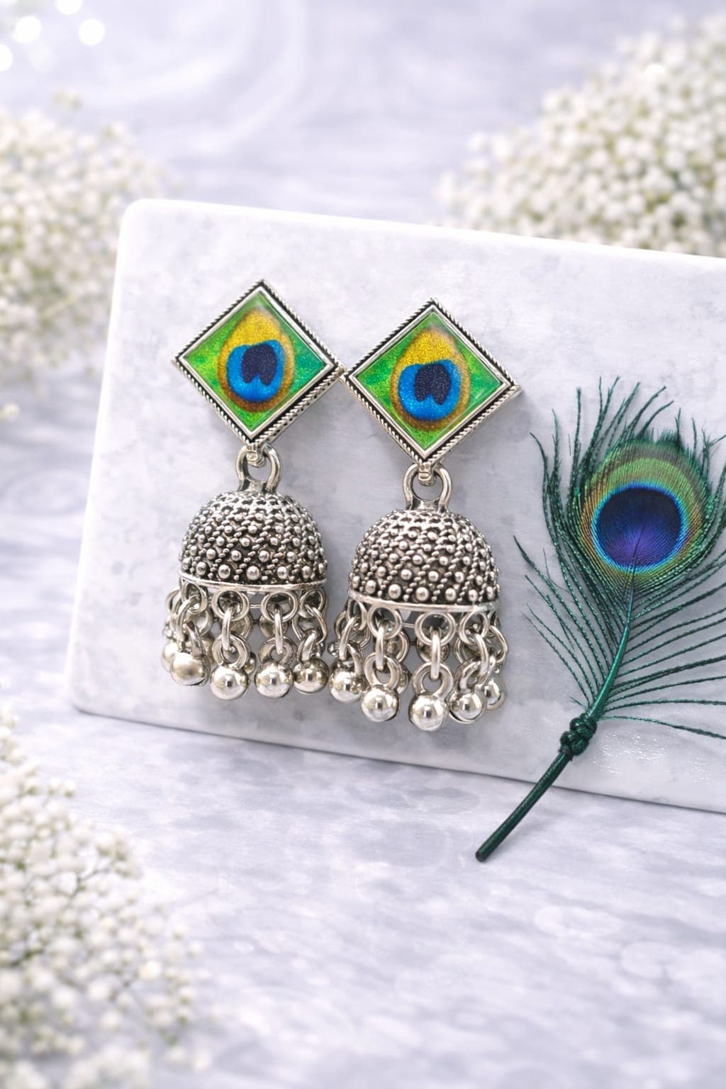 Oxidised Silver Plated Peacock Feather Jhumka Earrings for Women | Traditional Ethnic Dome Dangler Earrings — view 1