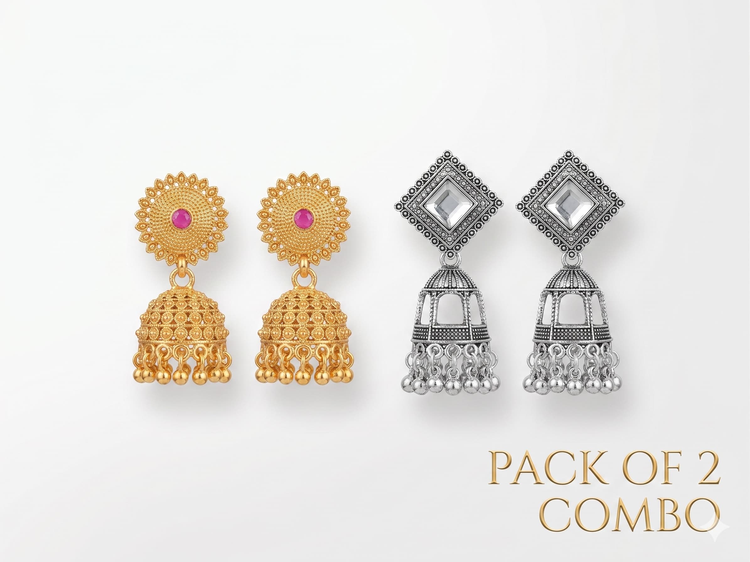 Pack of 2 Traditional Jhumka Earrings Combo for Women & Girls | Gold & Silver Oxidised Ethnic Earrings Set | Lightweight Party & Festive Wear — thumbnail 2