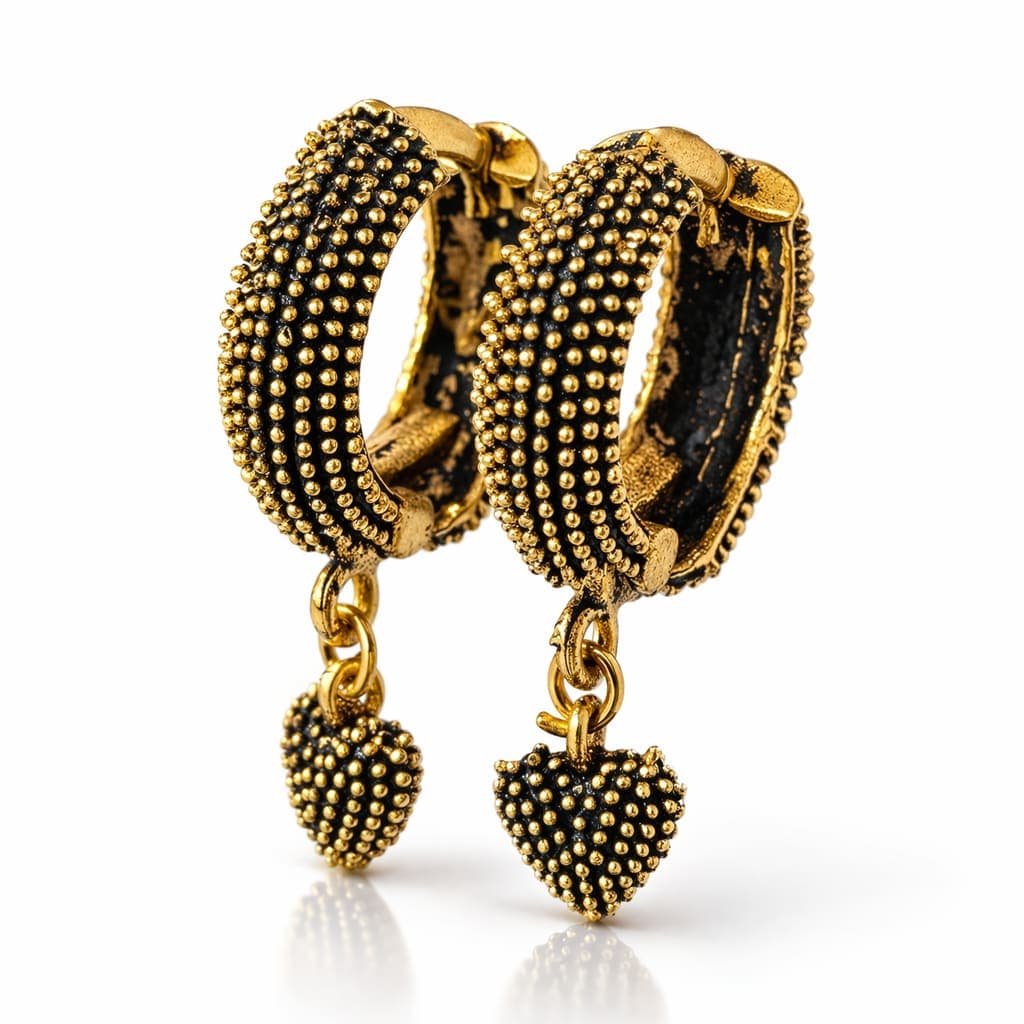 Gold Plated Heart Charm Hoop Earrings for Women | Textured Huggie Drop Earrings | Elegant Fashion Jewellery — view 1