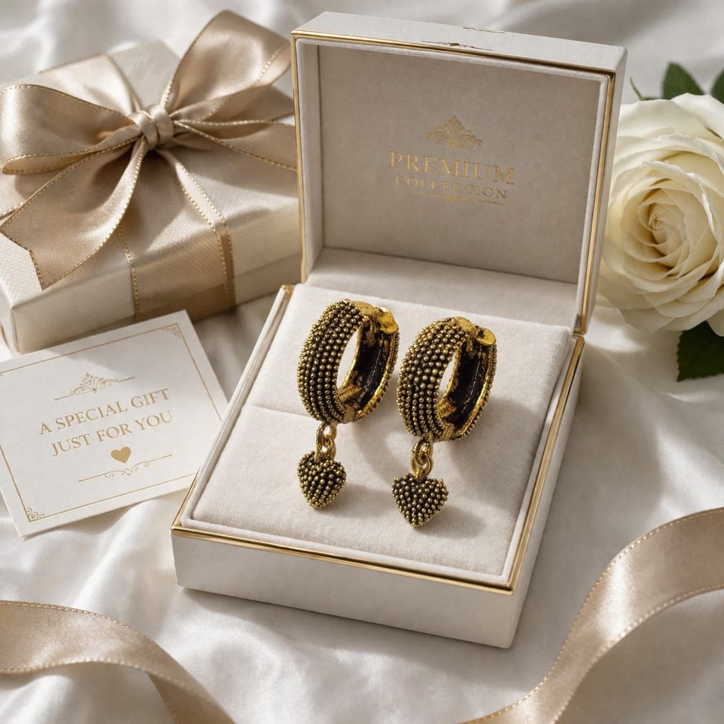 Gold Plated Heart Charm Hoop Earrings for Women | Textured Huggie Drop Earrings | Elegant Fashion Jewellery — thumbnail 2